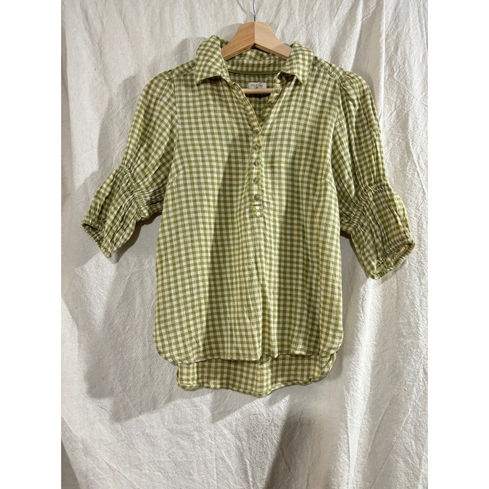 Pilcro Anthropologie Green Gingham Puff Sleeve Cottage Blouse XS Cotton